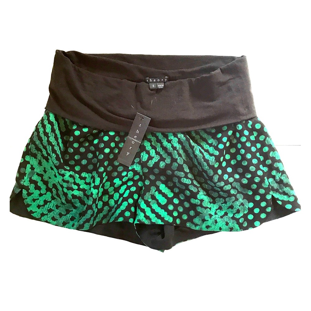 Theory Silk Banded Blurred-Dot Green Shorts